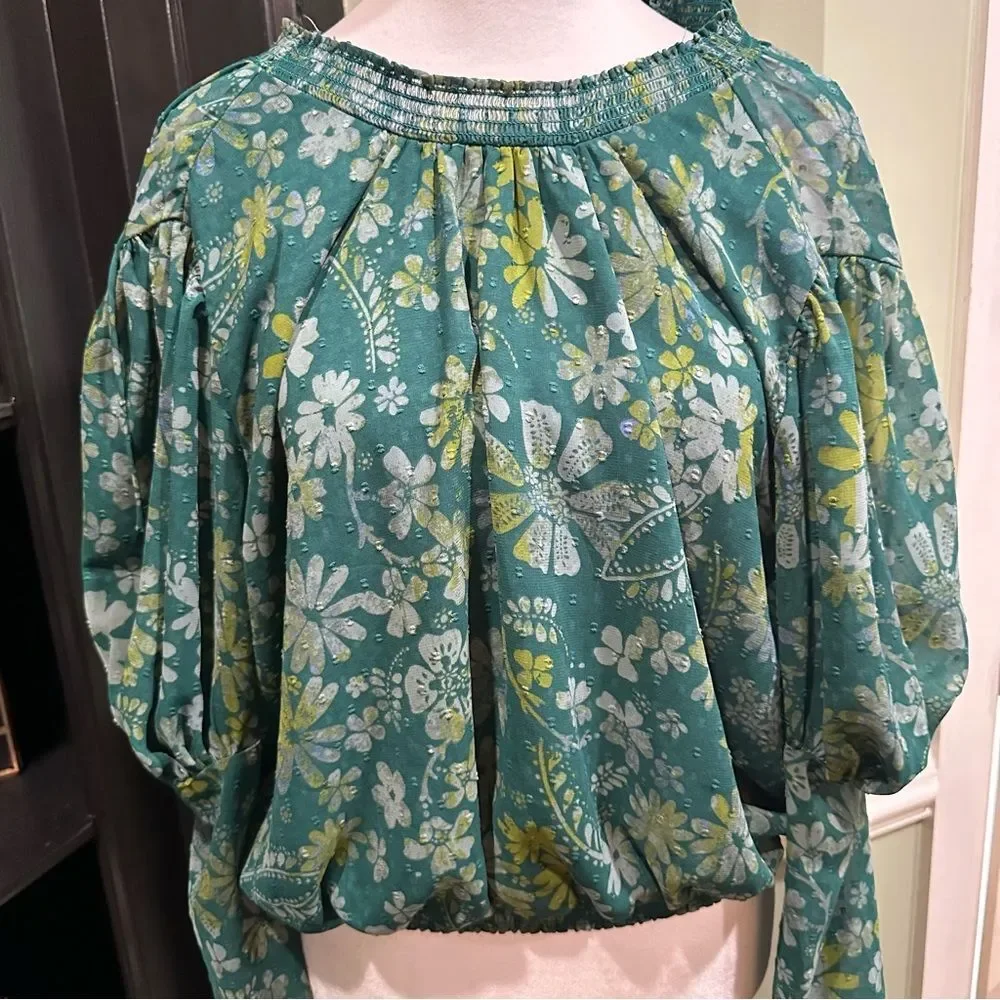 Free People Green Floral Peasant Blouse Balloon Sleeve Boho Top – Size XS